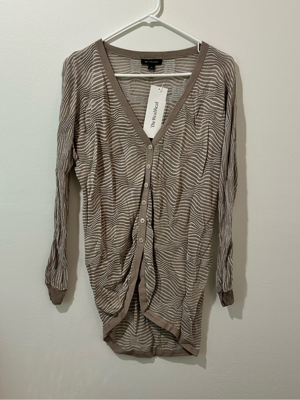 H by Halston Taupe and White Striped Button-Down Cardigan